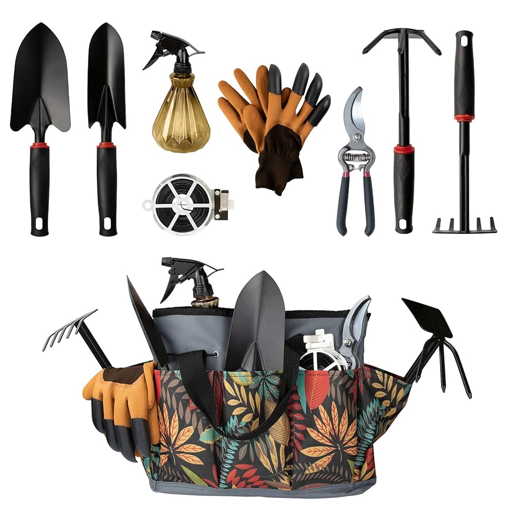 Backyard Instrument Set for Gifting, Versatile Yard Instrument Storage Tote, Sturdy Alloy Gardening Instruments with Comfy Non-Slip Rubber Grip, Good for Digging, Planting, and Pruning