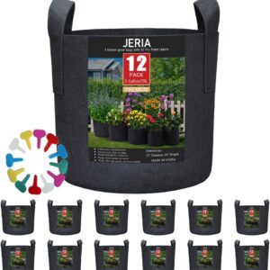 JERIA 12-Pack 5-Gallon Aeration Material Develop Baggage for Greens, Flowers, and Vegetation with Handles (Black) – Contains 12 Plant Labels