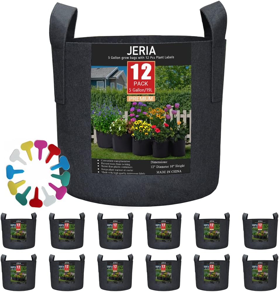 JERIA 12-Pack 5-Gallon Aeration Material Develop Baggage for Greens, Flowers, and Vegetation with Handles (Black) – Contains 12 Plant Labels