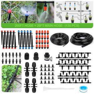 MIXC 226FT Computerized Greenhouse Micro Drip Irrigation Package for Patio Misting and Plant Watering, That includes 1/4 Inch and 1/2 Inch Tubing Hose with Adjustable Nozzle